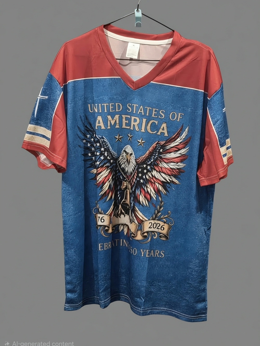 United States of America Eagle Graphic V-Neck Shirt - Blue & Red